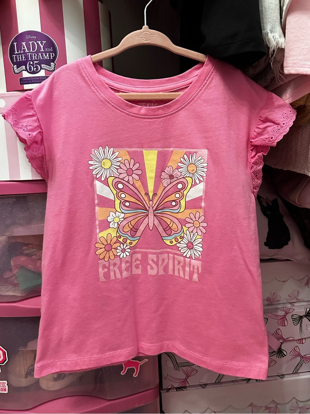 5 for $15! 365Kids Free Spirit Butterfly Pink Eyelet Sleeve Tee Size 10